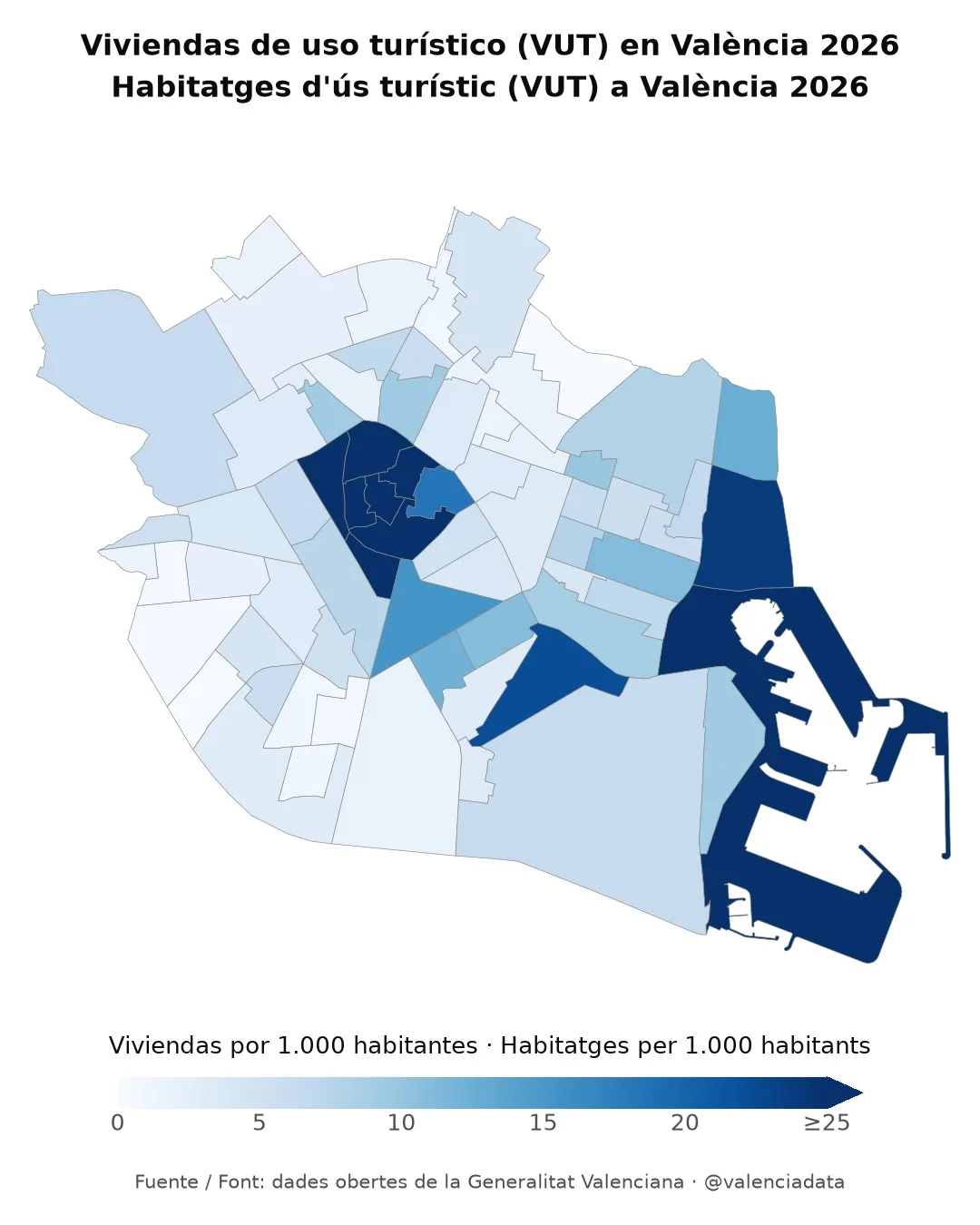 En El Mercat hay 85 viviendas de uso turístico por cada 1.000 vecinos. Imagen 2 de 3.